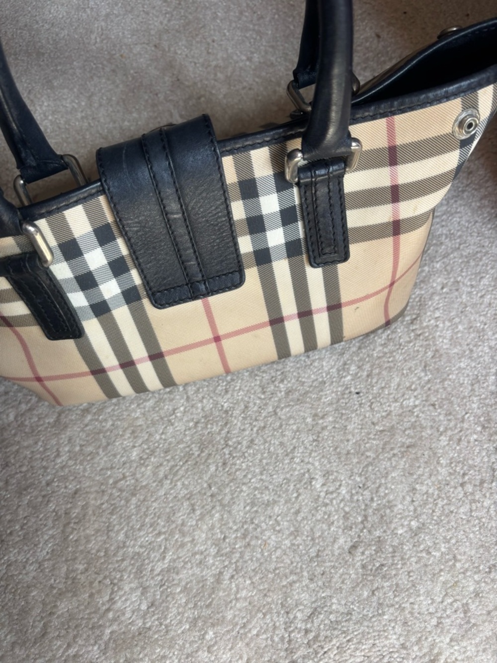 Burberry Beige Plaid Satchel with Black Leather Trim - Picture 6 of 8
